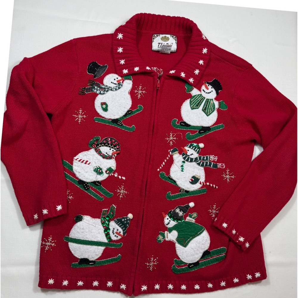 Vintage Tiara International Christmas Cardigan Skiing Snowman Holiday Sweater S‎